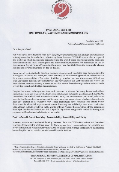 Pastoral letter on Covid Vaccines and the Catholic perspective